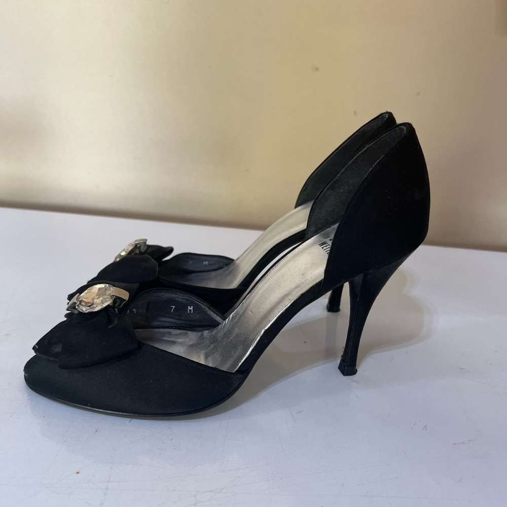 Stuart Weitzman black heels with crystal and bow